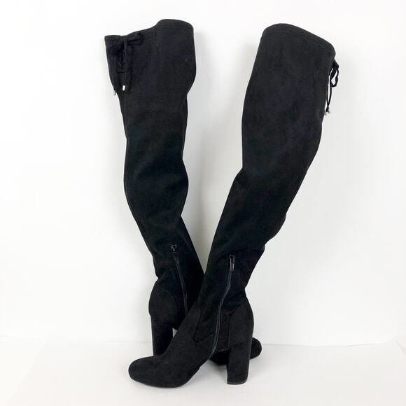 BP Womens Thigh High Boots 7.5 Black Faux Suede Pull On Lace Up Top NWOB - Picture 4 of 11